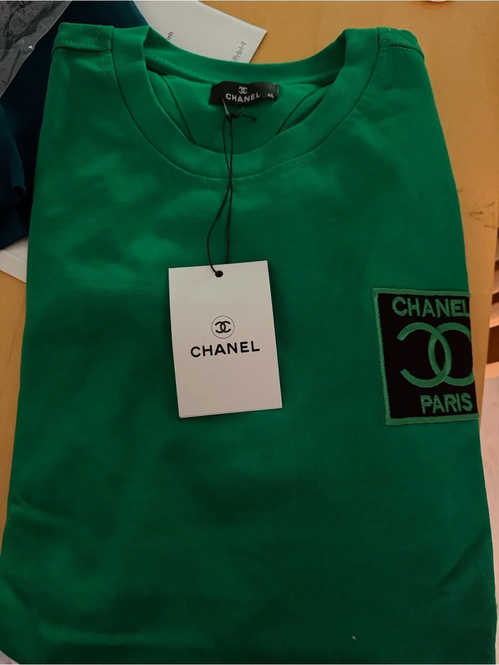 CHANEL Green Short-Sleeve Logo Patch Crewneck Tee